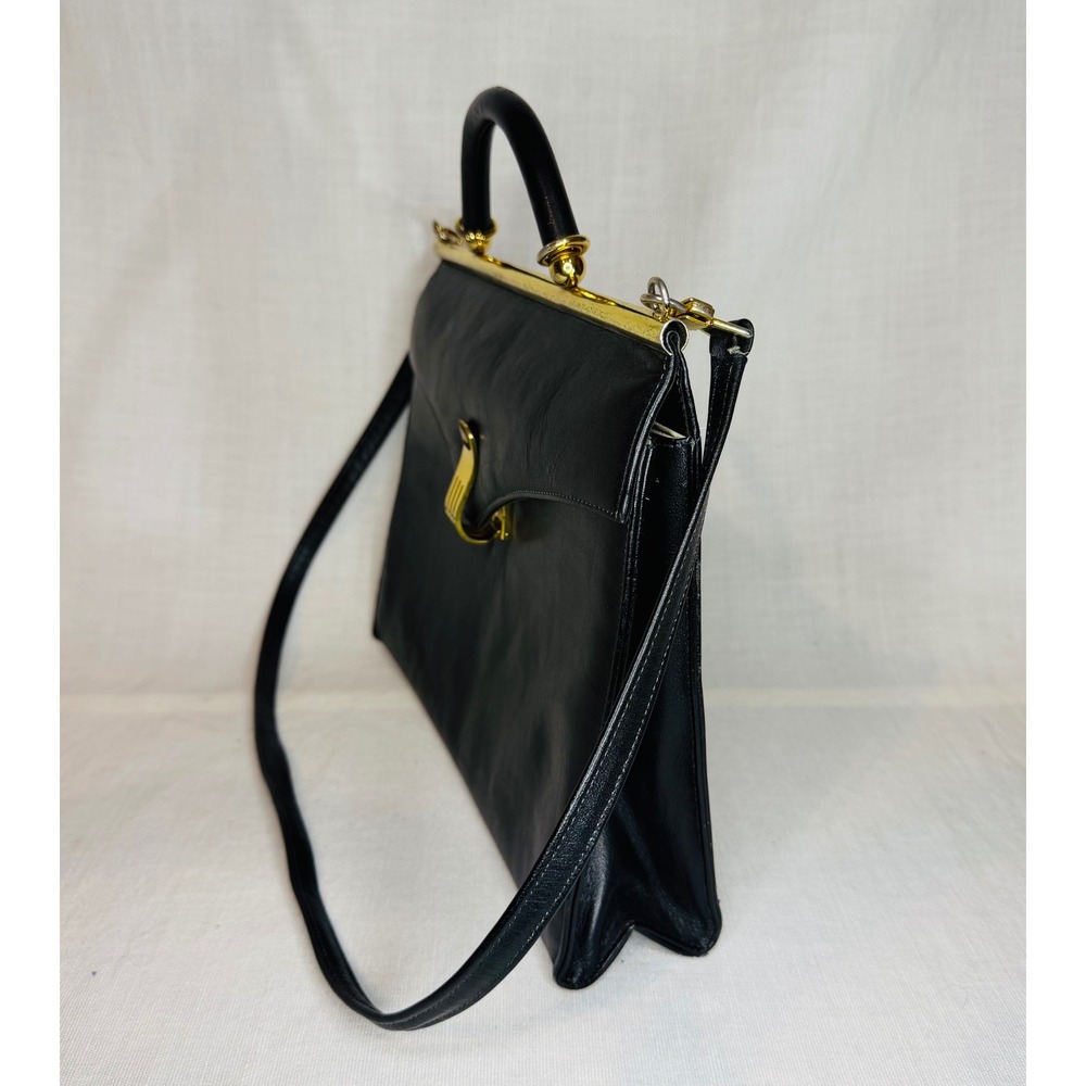 Vintage Black Leather Frame Handbag Gold Hardware Top Handle Shoulder Bag - Picture 8 of 12